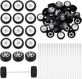 OLYCRAFT 100Pcs Plastic Project Wheels 1.5x0.2 Inch Shaft Round Rod Axles 2mm Dia STEM Shaft Plastic Wheels and Steel Axles for DIY Projects Car Truck Boat Model Part Building Projects