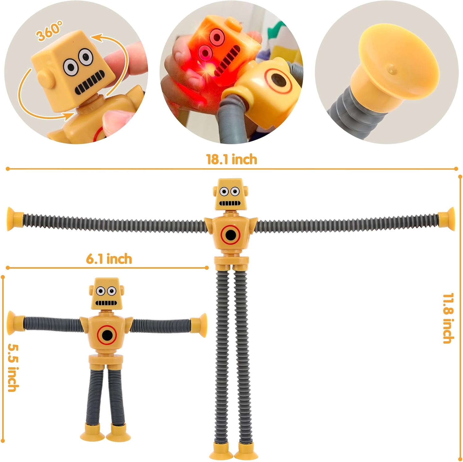 Pop Tubes Robot 4 Pcs LED Light Up for Toddlers Kids Boys Girls, Robot Sensory Telescopic Suction Cup, Autism Stress Relief Fidget Airplane Travel Toys Christmas Stocking Stuffers Party Favors Aged 3+