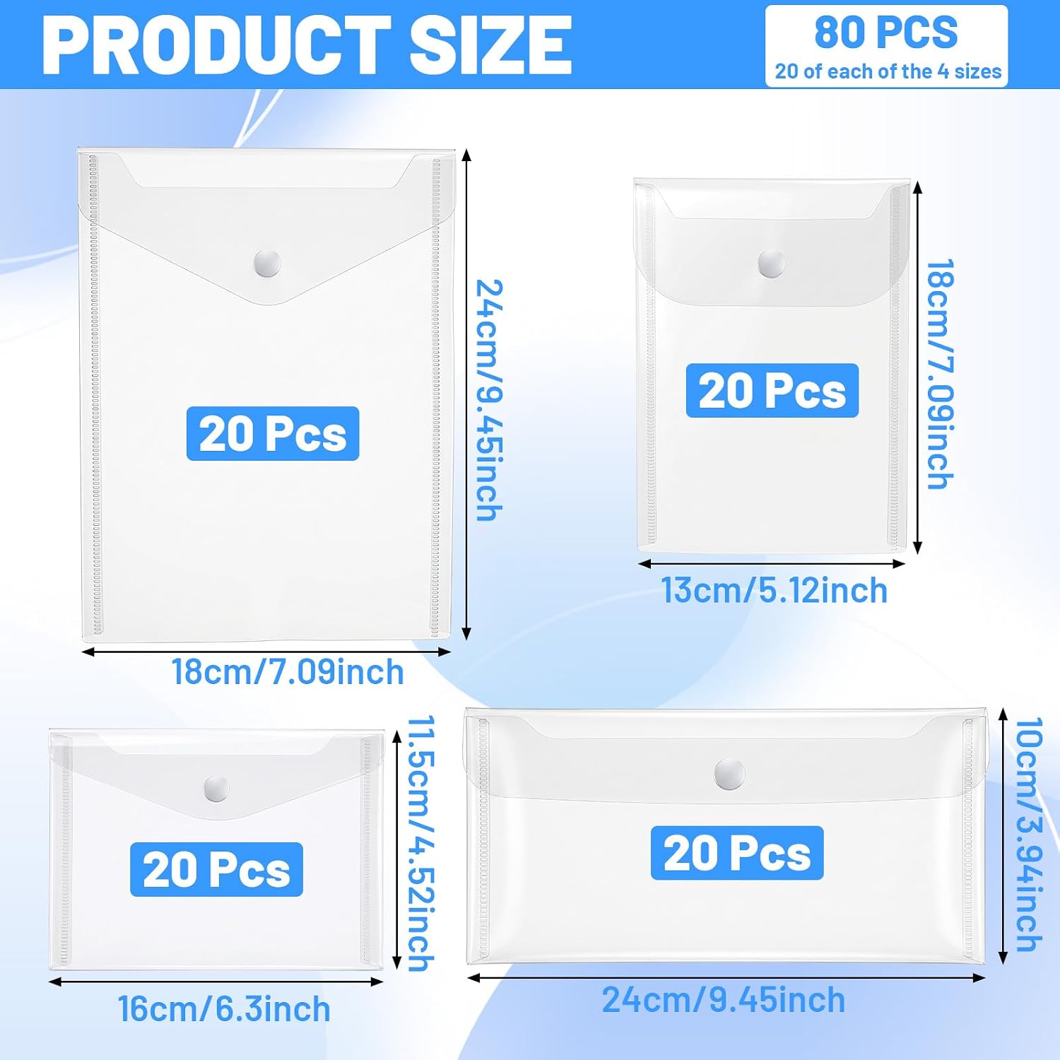 80 PCS Sticker Storage Organizer, Small Plastic Envelopes with Snap Closure, Clear Poly Envelopes for Sticker Storage, Washi Tape, Photos, Receipts, Craft Supplies (4 Sizes)