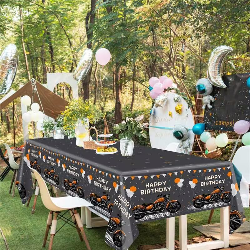 Image of MEHOFOND 3pcs Motorcycle Birthday Plastic Tablecloth, Black and Orange Motocross Racing Happy Birthday Disposable Table Cover, Extreme Sports Birthday Party Decorations, Rectangle 108 x 54 Inch