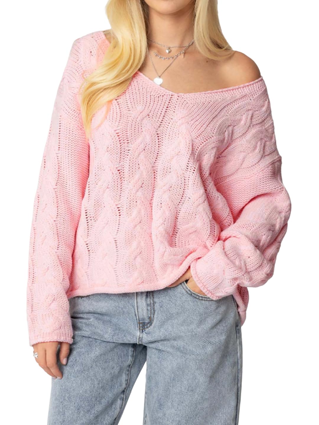 Womens Off Shoulder Cable Knit Sweater Long Sleeve V-Neck Oversized Fit Autumn Fashion Pullover Preppy Style Sweater Tops