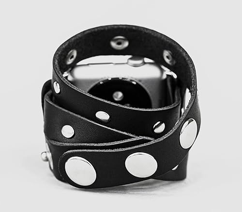 Miniatura 6 de stud Leather double wrap band strap compatible with Apple watch 38mm 40mm 41mm 42mm 44mm 45mm 49mm, Handmade UA code 1090 (other colors & sizes)