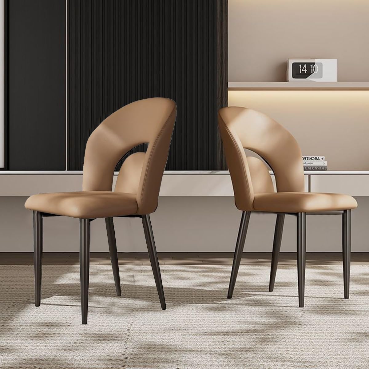 Armless Dining Chairs Set Of 2 Modern Kitchen Dinner Chairs With Ergonomic Arched Back PU Leather Upholstery Accent Chair With Metal Frame Farmhouse Side Chair With Thick Cushions(Orange)