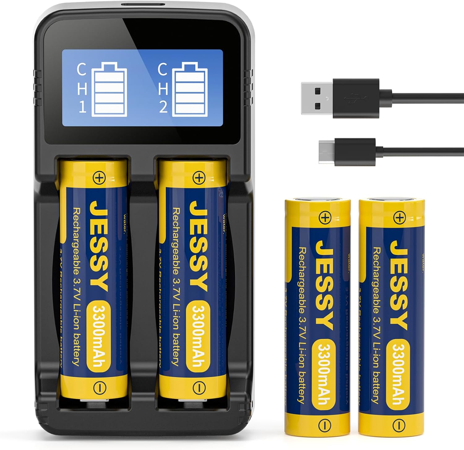 2 Bay 3.7V Battery Charger with 4 Pack 3,7V 330 0mAh Flat Top Battery, 2 Bay LCD Display Smart Universal USB Battery Chargers for Flashlights, Headlamps,etc