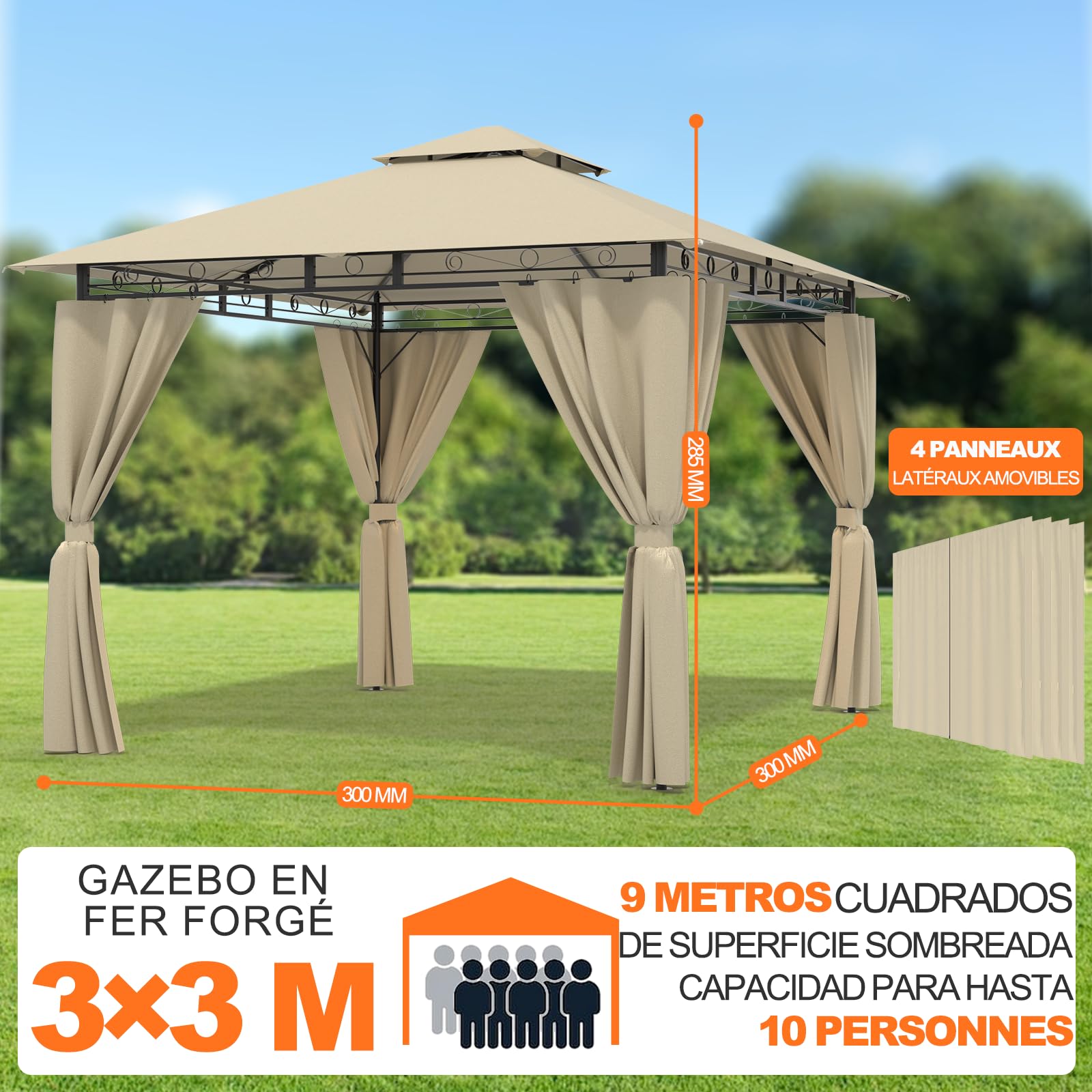 Devoko Gazebo da Giardino 3x3,Telo Gazebos 3x4 Impermeabile,Gazebo Esterno Resistente,Telaio in Metallo, Gazebos,Beige