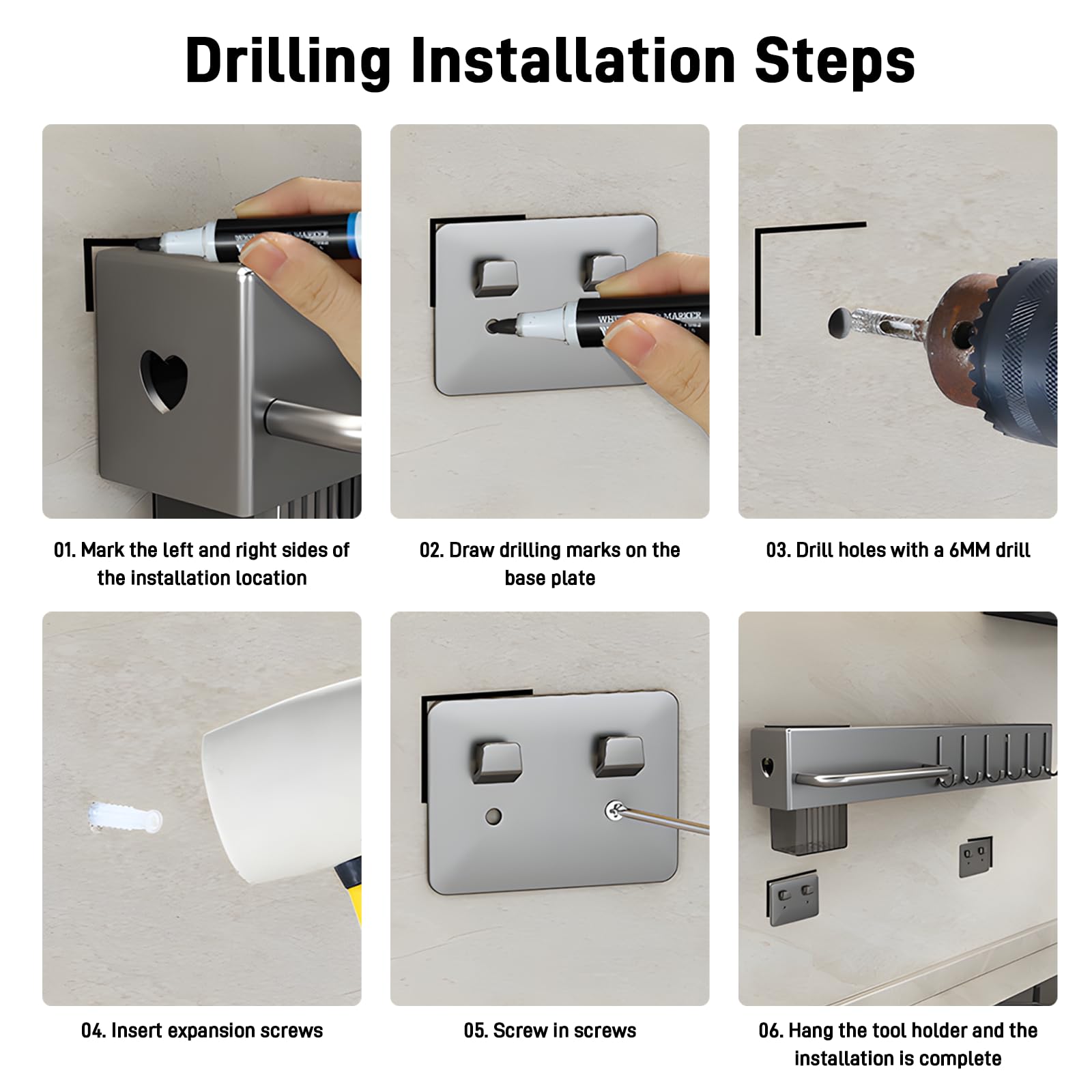 Portacoltelli Da Parete Con 6 Ganci - Installazione Adesiva O A Viti Nero 40cm - Foto 5