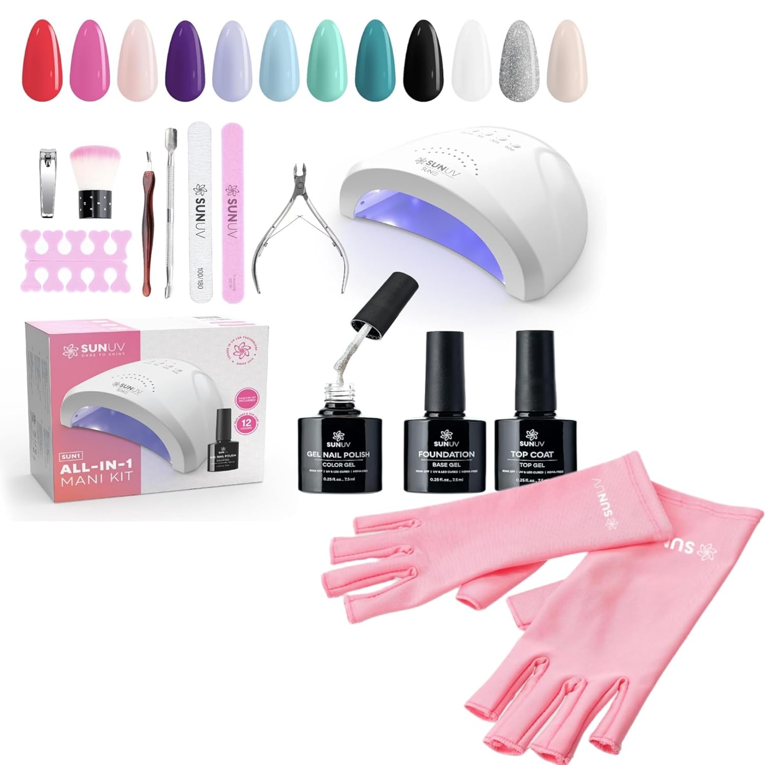 SUNUV LED Gloves for Gel Nails, Gel Nail Polish Kit with UV Light 12 Colors