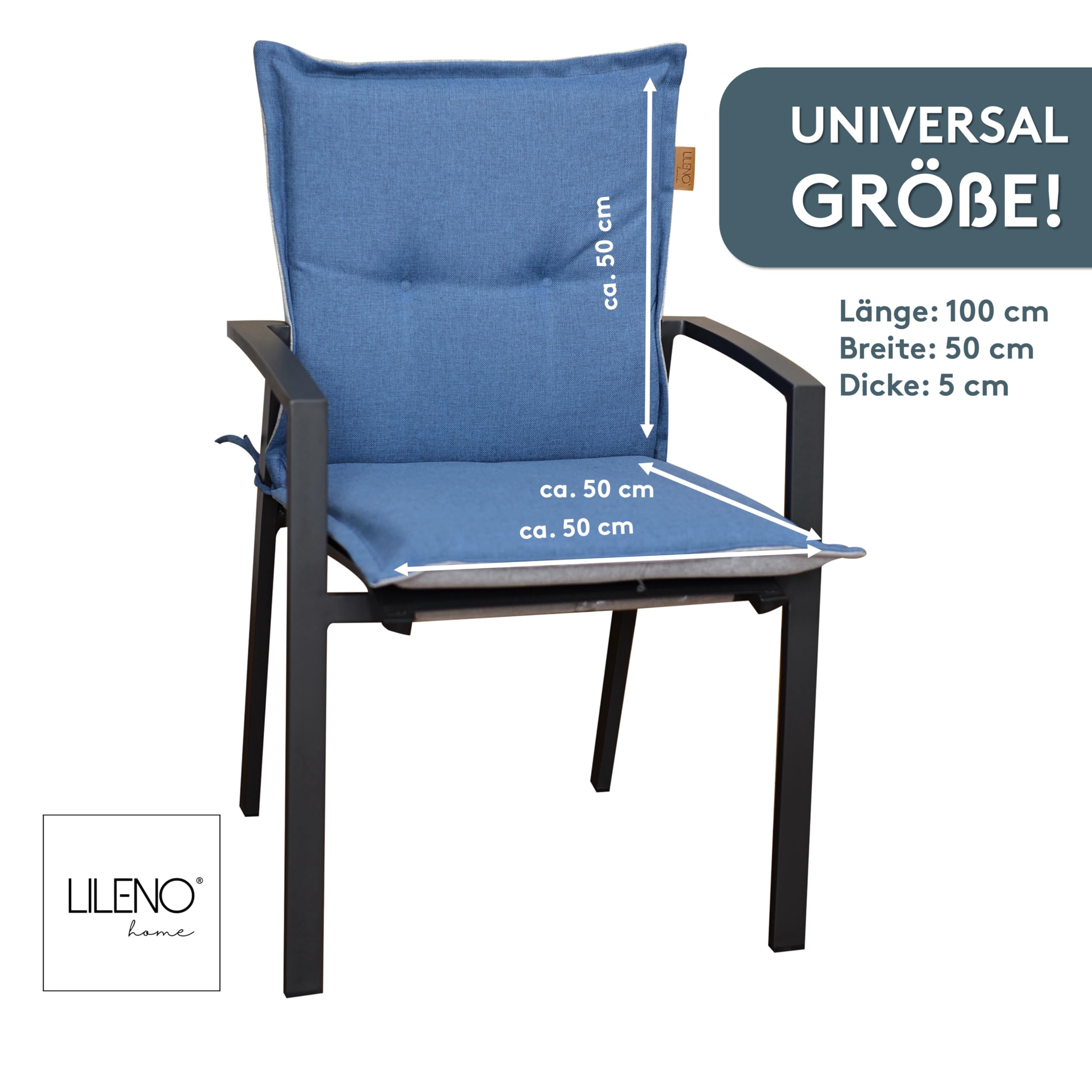 LILENO HOME Gartenstuhl Auflagen [2er Set - Niedriglehner] in Blau - Bequeme Liegen als Sitzauflagen für Gartenmöbel - Stuhlkissen für Gartenstühle und Klappstühle BAR