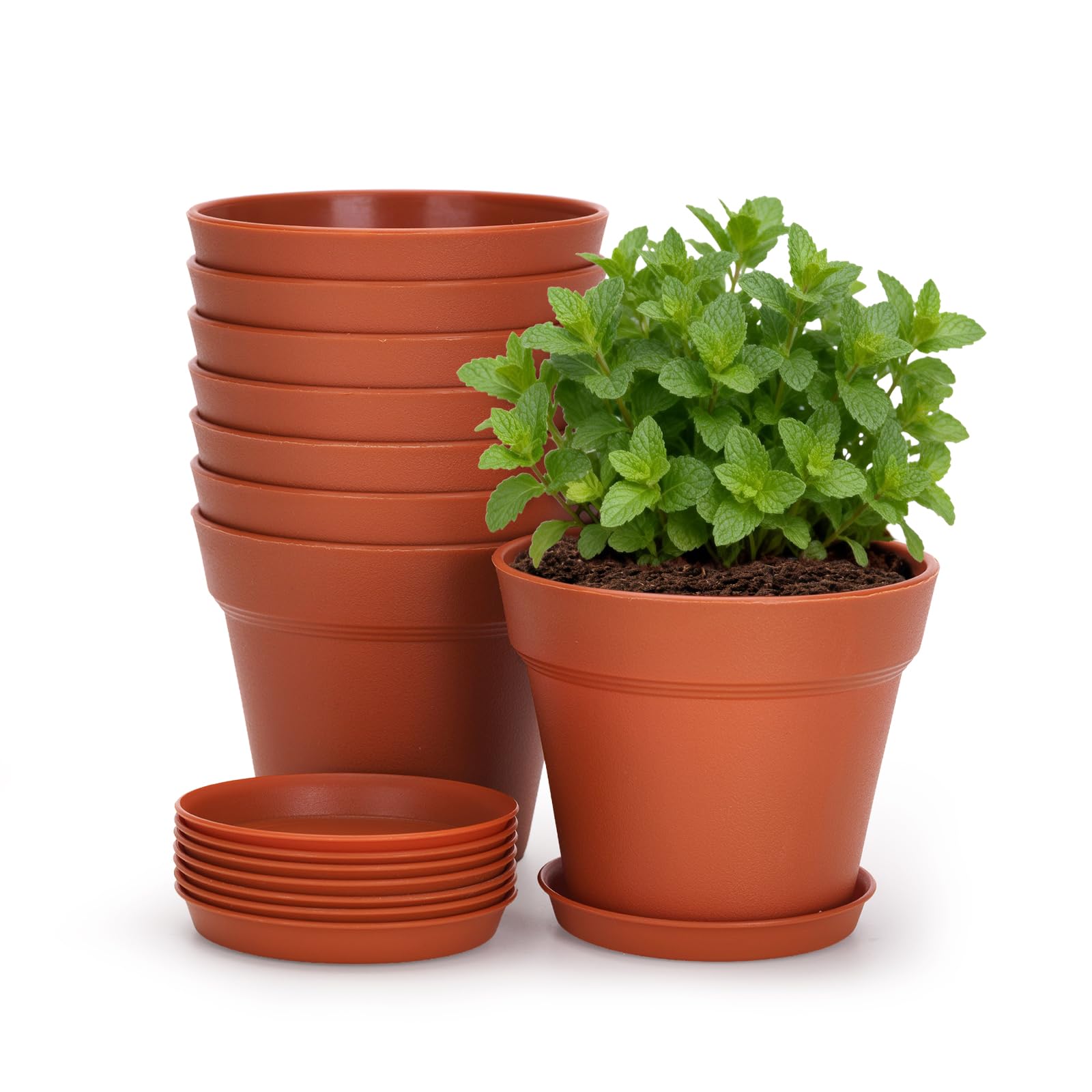 KINGLAKE 10cm Blumentöpfe mit Untersetzer - 8 Stück Pflanztöpfe Klein, übertopf Pflanztopf, Blumentopf Kunststoff Set, Topf Kleine Flower Pot für Pflanzen Kakteen Kräuter-Terrakotta