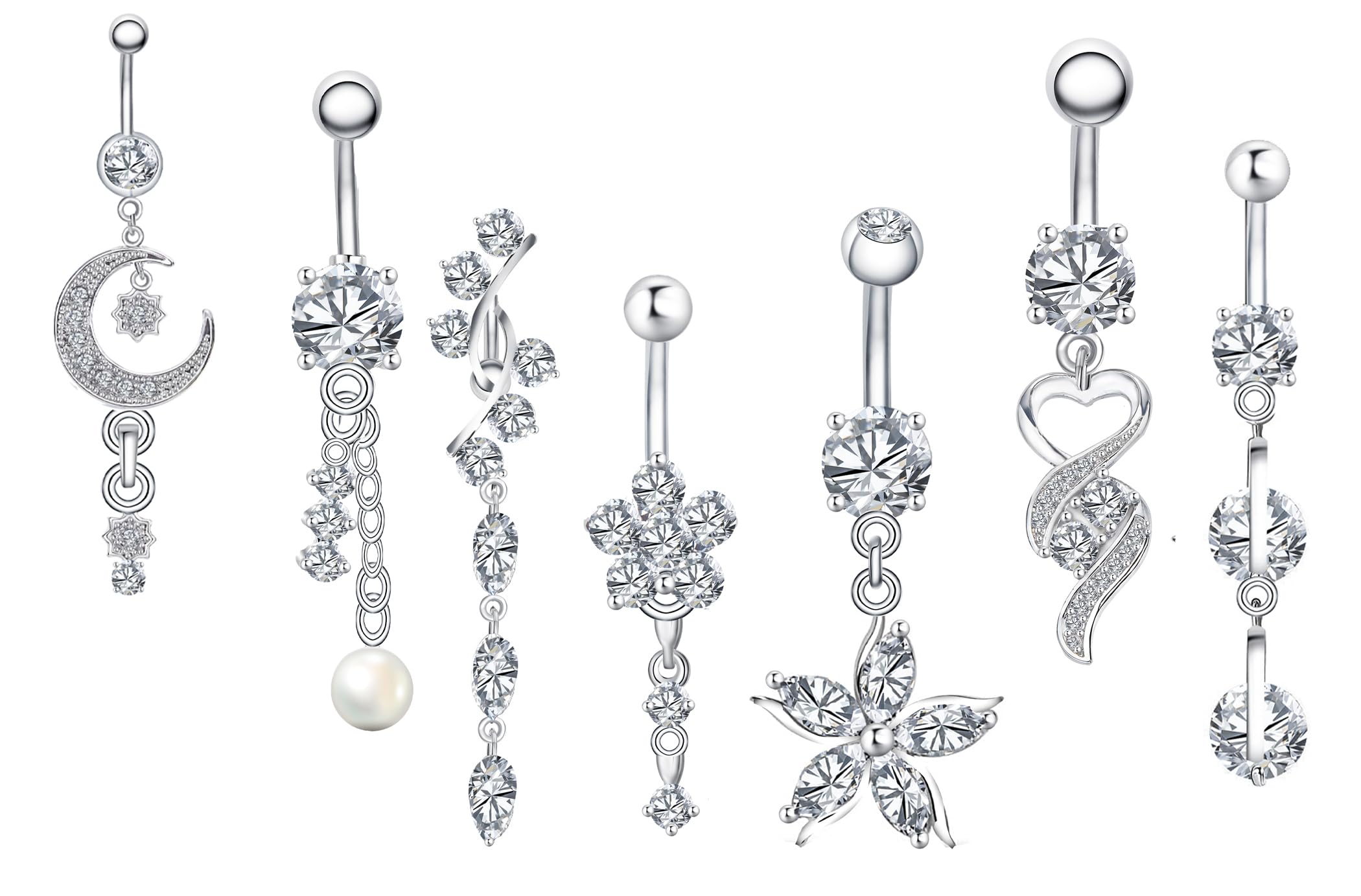 weekissJuego de 7 barras de ombligo de acero quirúrgico 316L de 14 g con circonita cúbica plateada, anillo curvo para el ombligo, para mujeres y niñas, Circonia cúbica