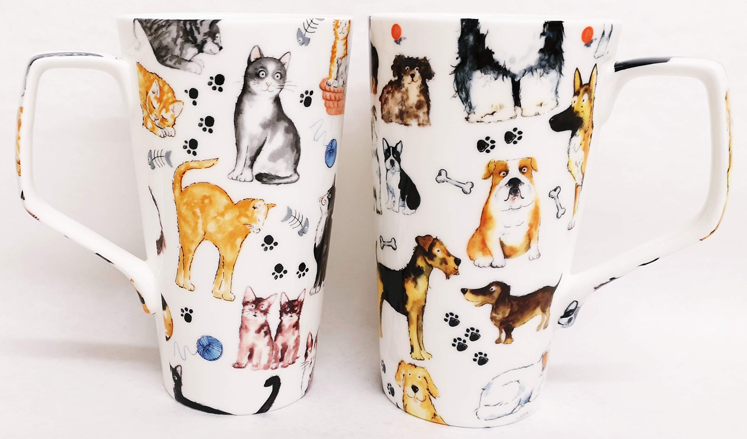 Cats & Dogs Collage Set of 2 Mugs Fine Bone China Large Jumbo 1 Pint Multi Cat Dog Latte Coffee Tea Cups Hand Decorated UK