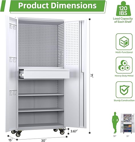 Miniatura 85 de Armario de almacenamiento de metal con tablero de clavijas de 31.5 x 31.5 x 16.5 pulgadas, armario de almacenamiento de acero con cerradura con 5