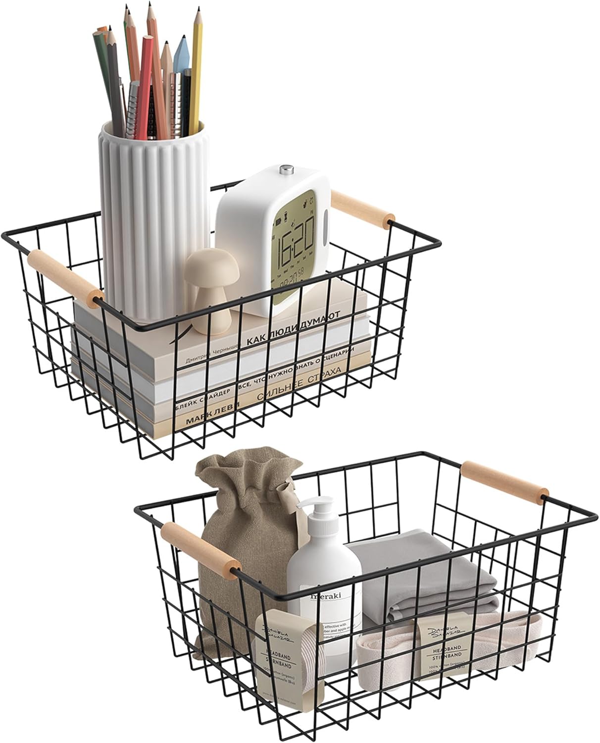 Baskets for household purposes, Wire Basket with Wooden Handle, Metal Utility Storage Basket for Organizing Kitchen Pantry Cabinets, Metal Basket Storage Organizer (Black 2 Pack)