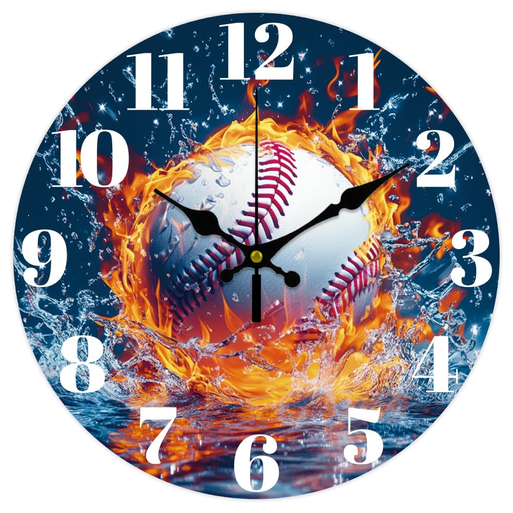 CHGCRAFT 12inch Baseball en Wall Clock Fire en Clock Battery Operated Silent Non Ticking Water Round Decorative for Office Home Living Room Bedroom Bathroom Kitchen Decor