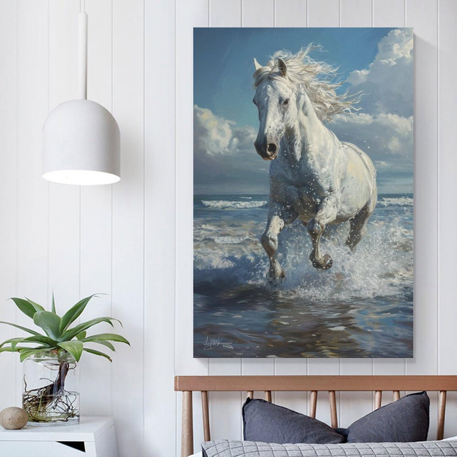 Amazon.co.jp: 絵画 浜辺を走る白い馬 アートパネル ポスター 動物