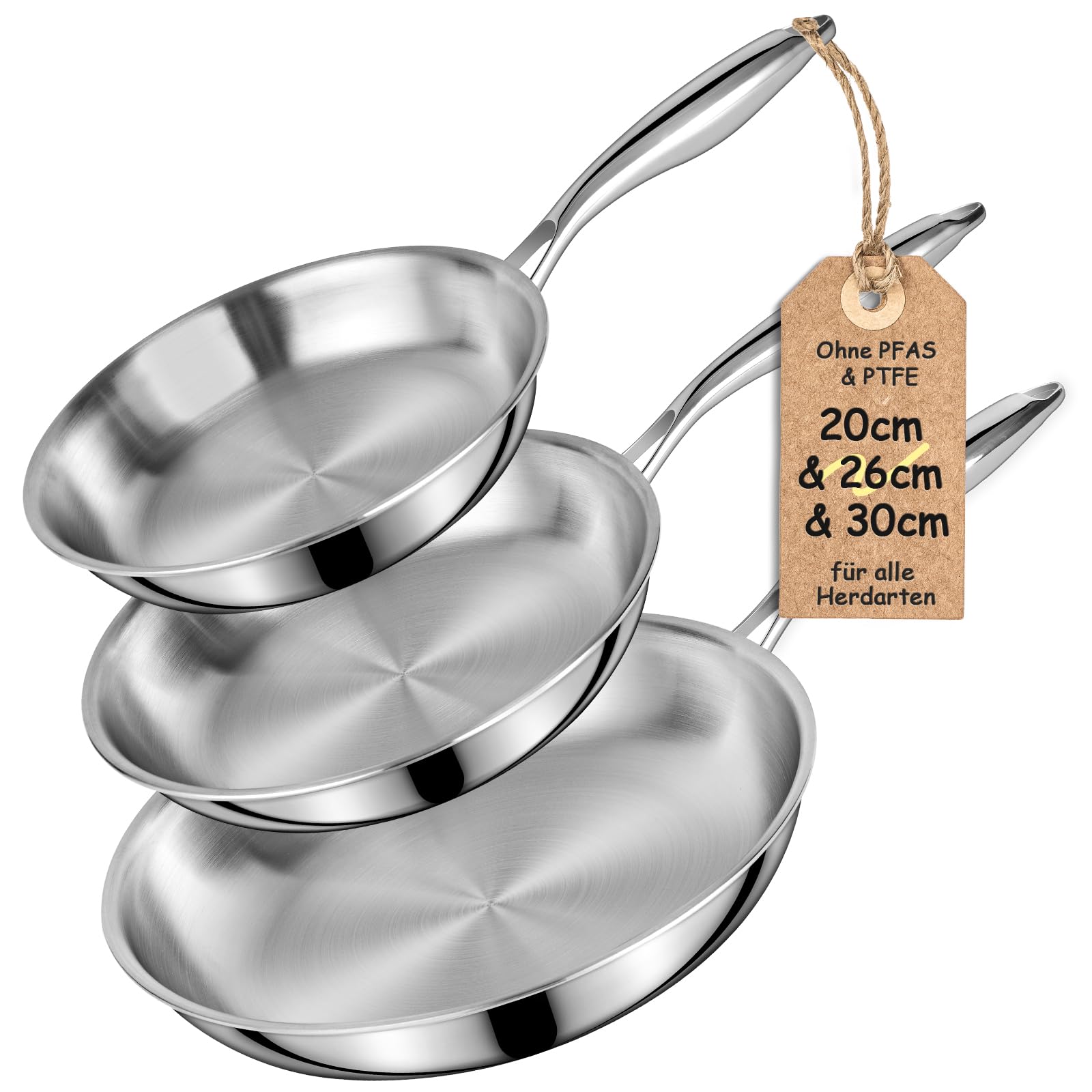 Terlulu Dreilagige Edelstahl-Bratpfannen-Set 20/26/30 cm – Edelstahlpfanne unbeschichtet & Induktionspfanne, PTFE/PFAS/PFOA-frei, Für Alle Herdarten, Schnellwärmend, Backofenfest & Spülmaschinenfest