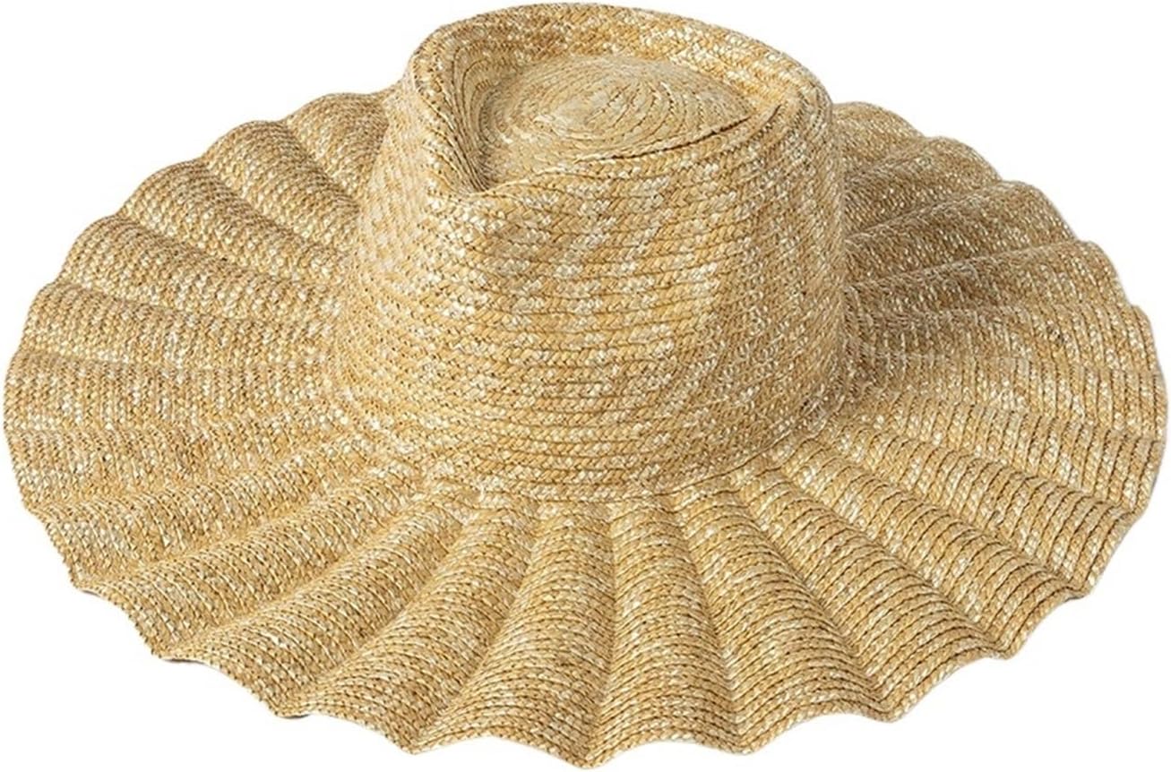 Crown Wheat Straw Hat - 10cm Wave Brim - Adjustable 56-58cm - Women's Summer Hat(Pale Pinkish Gray)