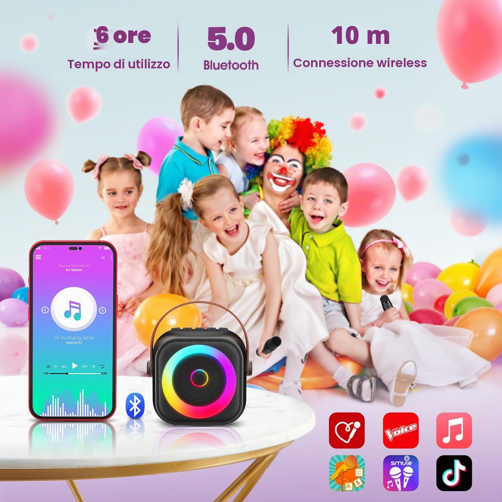 Karaoke per Bambini con 2 Microfoni Wireless & Luci LED - Microfono Bluetooth Effetti Voce 3-12 Anni