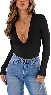 Women's Trendy Sexy Plunge Deep V Neck Long Sleeve Bodysuit Double Lined Going Out T Shirt Tops