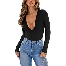 REORIA Womens Plunge Deep V Neck Long Sleeve Bodysuits