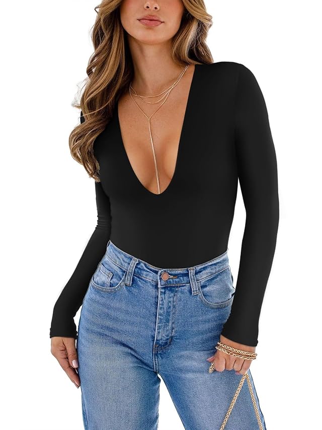 REORIA Womens Trendy Sexy Plunge Deep V Neck Long Sleeve Bodysuit Double Lined Going Out T Shirt Tops