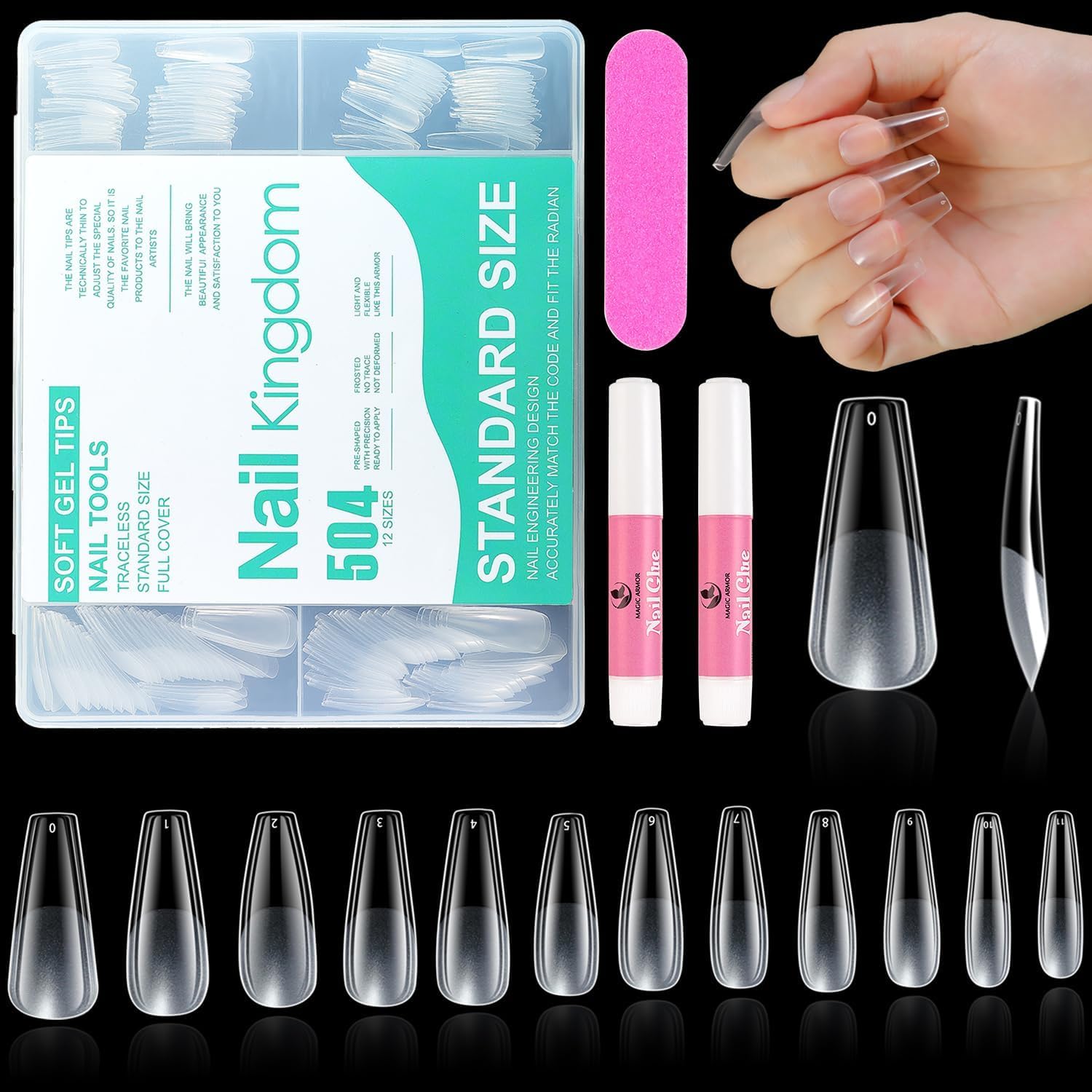 MAGIC ARMOR Coffin Gel Nail Tips, 504pcs Pre-Shape Long Clear Nails, Full Cover Acrylic Tips for Nail Extension - 12 Sizes