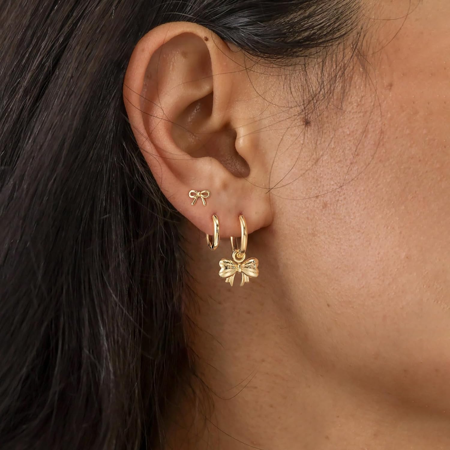 3 Pairs Small Hoop Earring Stacks, 14K Gold/Silver/Black/Rose Gold Plated Pearl Heart Butterfly Bow Star Moon Leaf Diamond Hoop Charm Drop Huggie Earrings Trendy Jewelry Gift for Women - Image 3