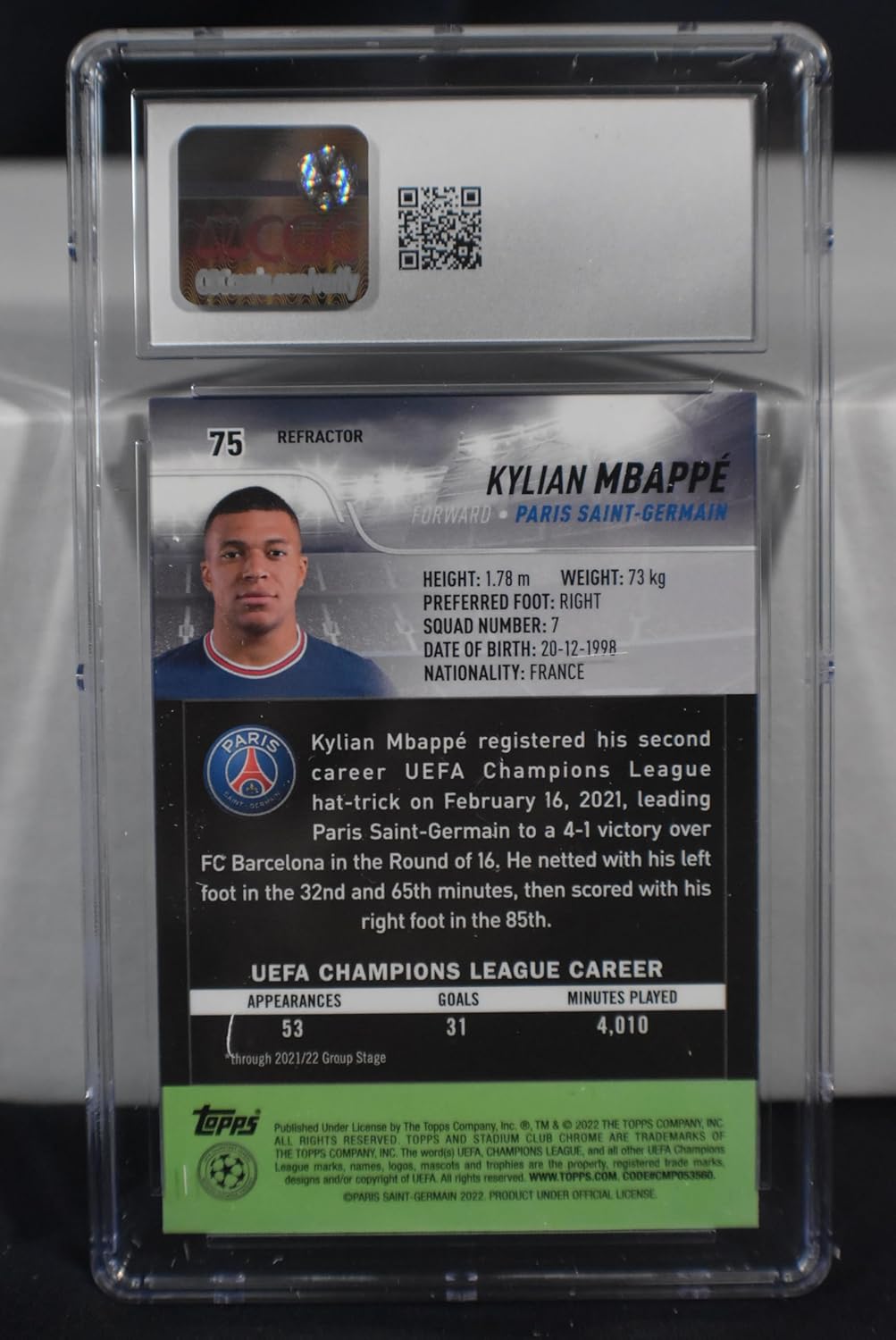 KYLIAN MBAPPE 2021-22 Topps Stadium Club Chrome UEFA UCL #75 REFRACTOR PARALLEL Soccer Card CGC Graded Mint 9 Real Madrid France