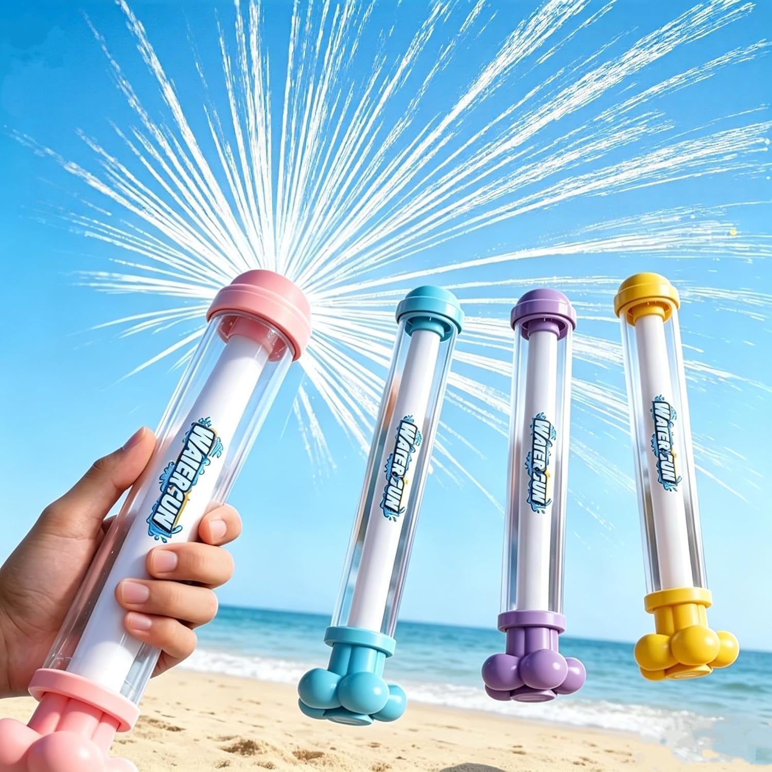 4PCS Firework Water Gun for Kids, 1-10m Fireworks Spray Water Blaster with 3 Second Quick Fill, Pressure Pull Out Water Squirter Toy for Pool Beach Garden Summer Fun
