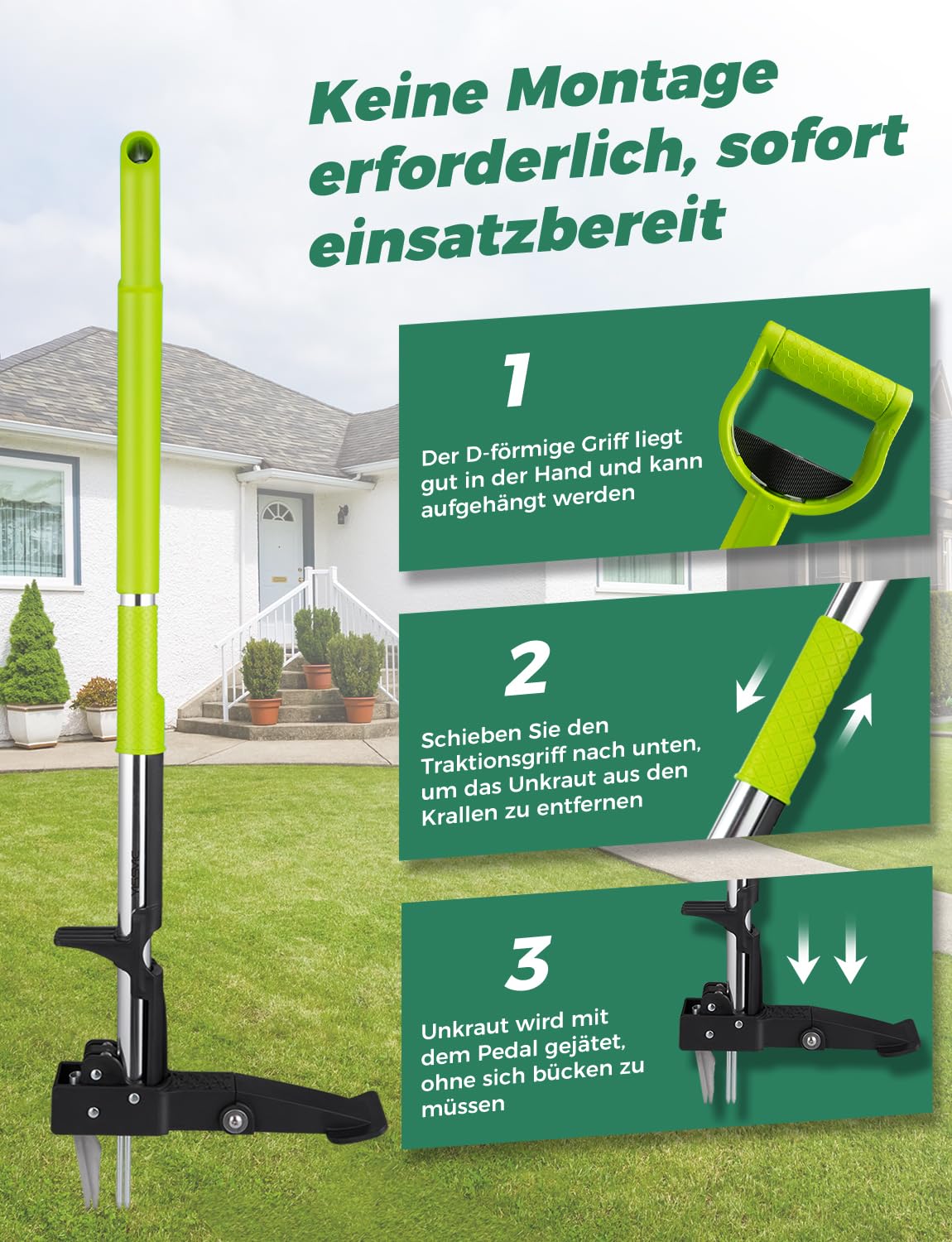 YISSVIC Unkrautstecher mit Stiel Teleskop Länge 100 CM-120 cm Hochfester Edelstahl 4 Krallen Unkrautentferner Keine Montage Grün
