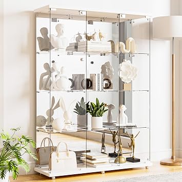 Glass Display Cabinet 12 Shelves with 3 Columns,Two Doors and Middle Open Display Column, Lock and Mirror,5mm Tempered Glass Floor-to-Ceiling Glass Bookcase for Bedroom, Living Room,White