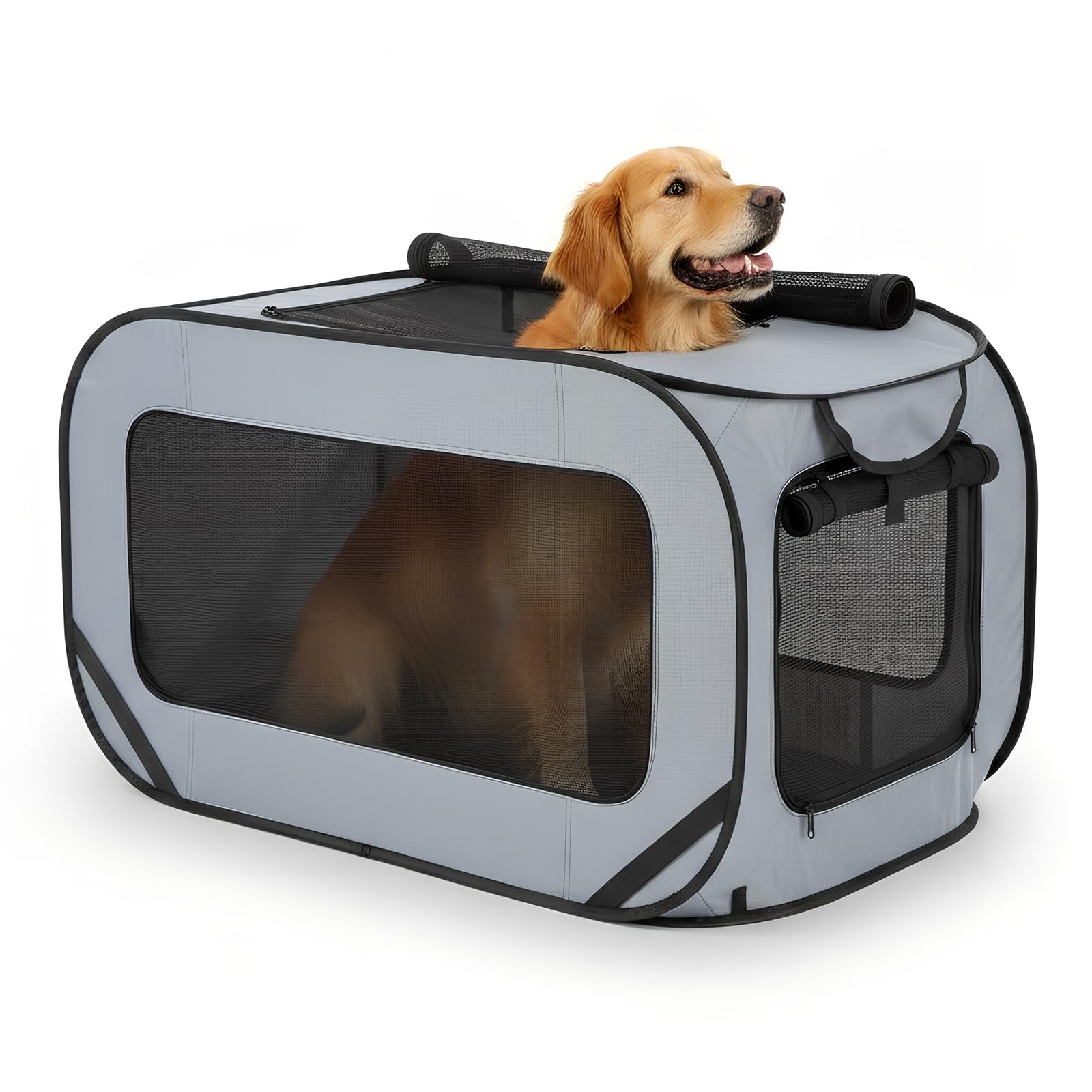 94*53*53 cm Hundetransportbox Faltbar, Doppeltüren Pop-Up-Transportbox Hund Katze, Oxford Stoff Hundebox Auto Hundetasche Robust, Tragbarer Hunde Transportboxen für Katzen & Hunde bis 29.5 kg, Grau