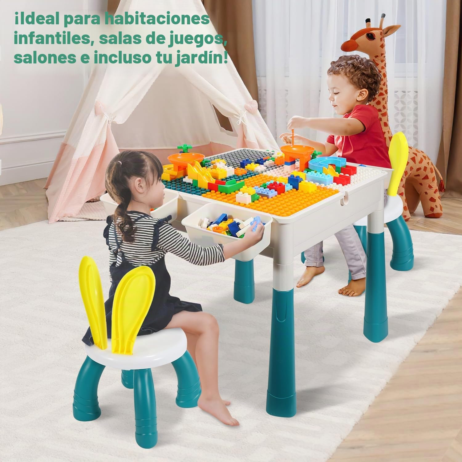 Mesa infantil con 2 sillas de juego para niños con 251 bloques de construcción, mesa de actividades multifuncional a partir de 2 años con espacio de almacenamiento, juego de bloques de