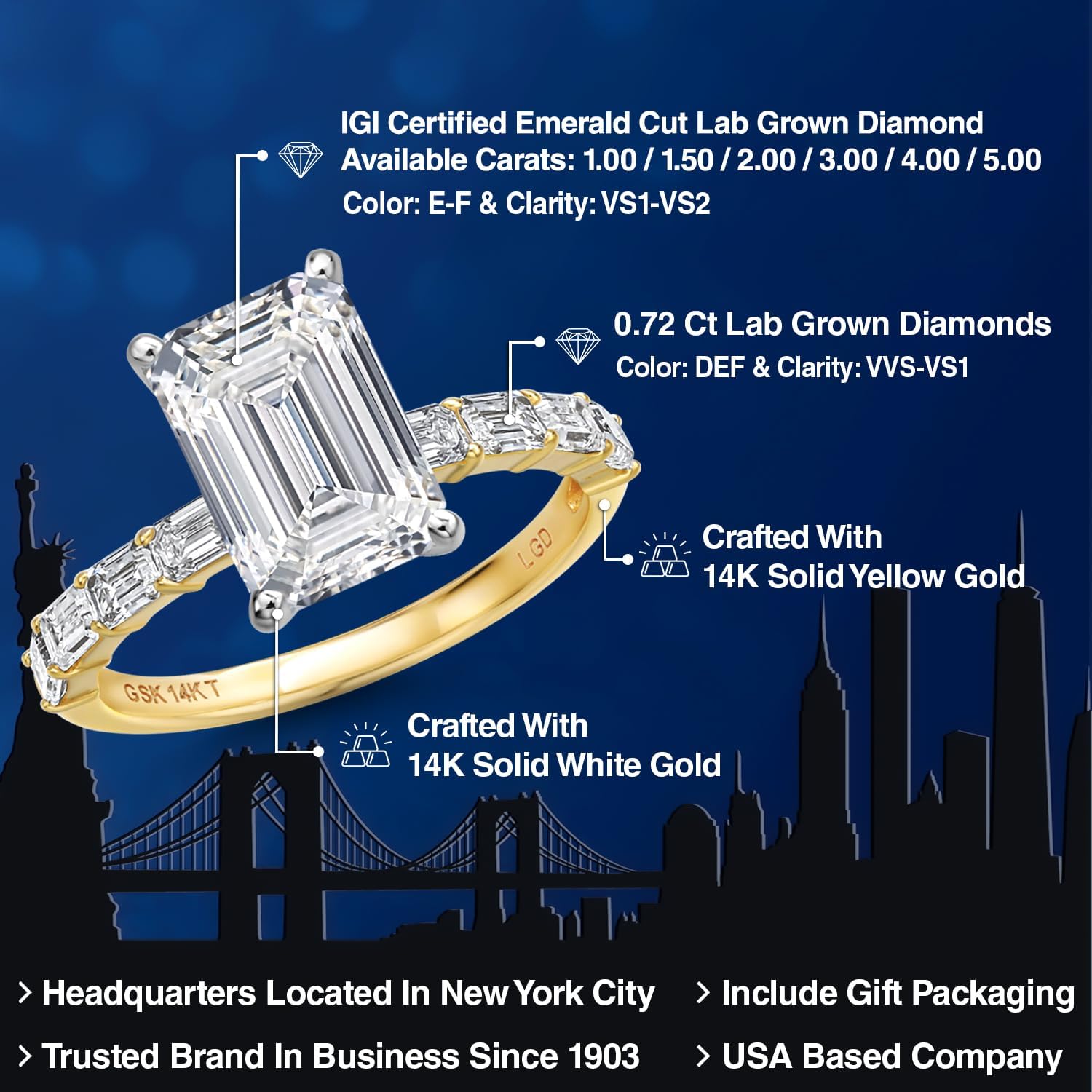 Gem Stone King 1-5 Cttw IGI Certified Lab Grown Diamond 14K Two Tone Gold Engagement Ring for Women | Emerald Cut | D-E Color | VS1-VS2 Clarity | Wedding Anniversary Gold Ring