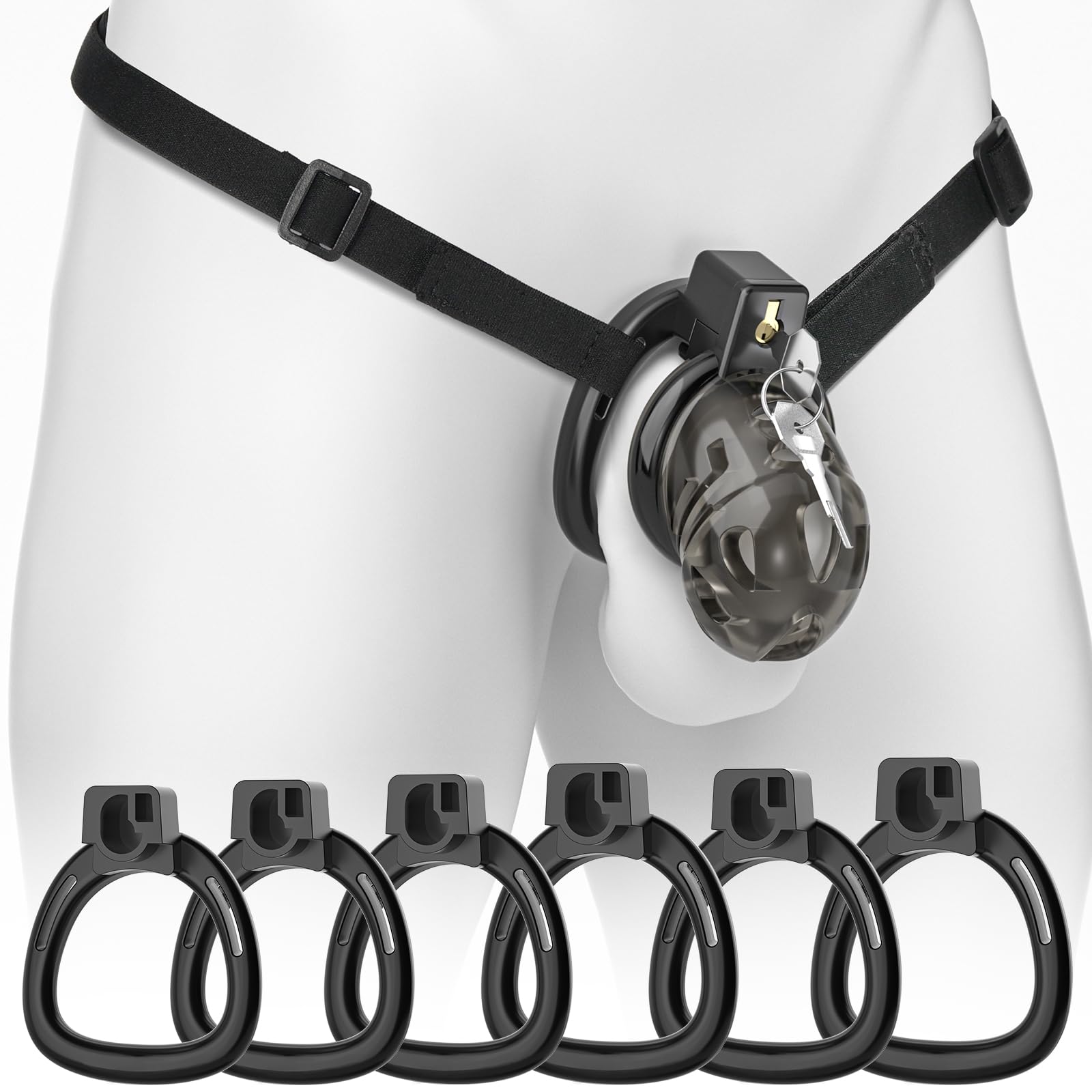 Vikkiy Male Chastity Cage, Soft Silicone Chastity Device with 6 Rings M Black
