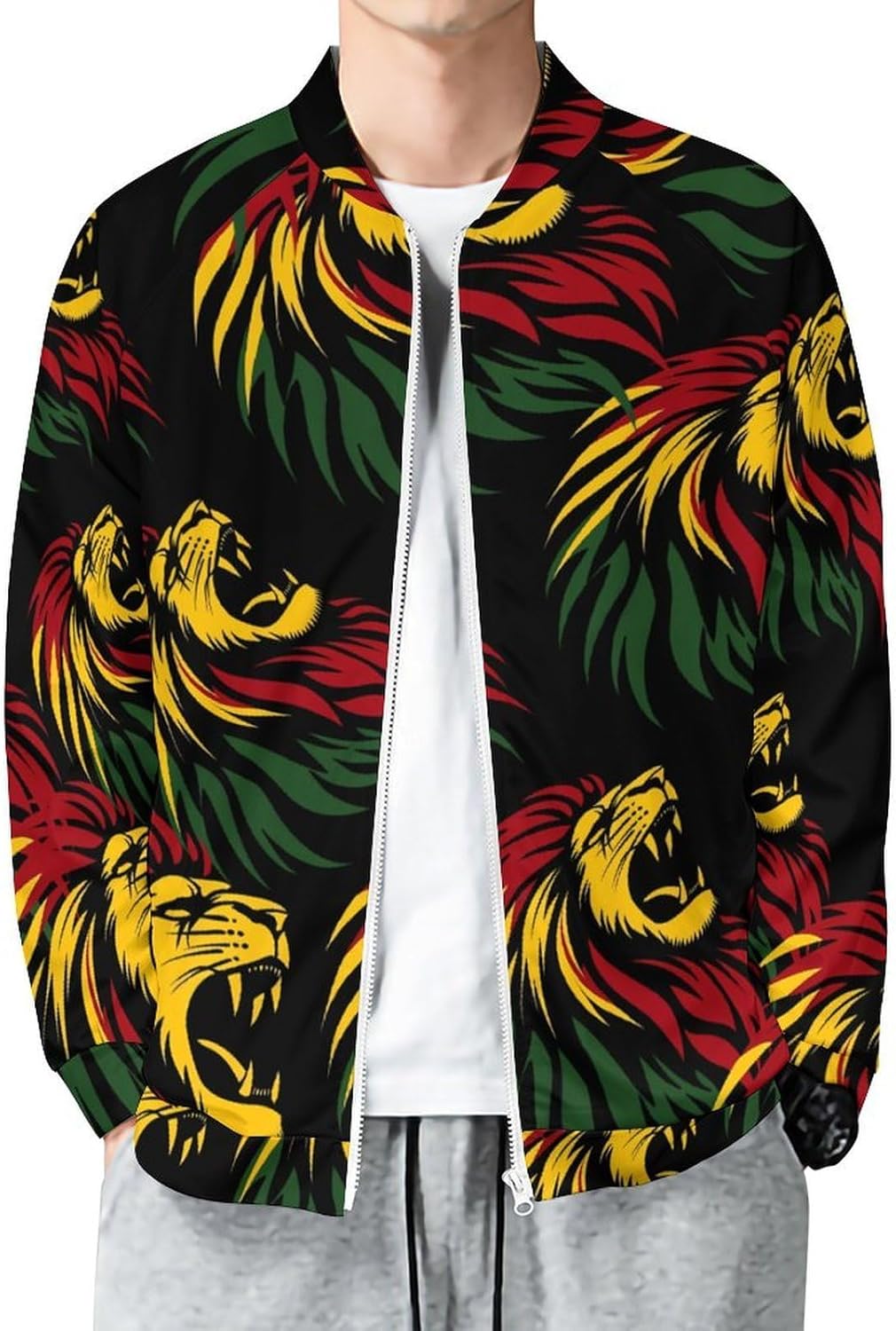 Rasta Reggae Lion Jamaica Men's Zip Up Sweatshirt Casual Sweater Jackets Long Sleeve Tops Lightweight Coat