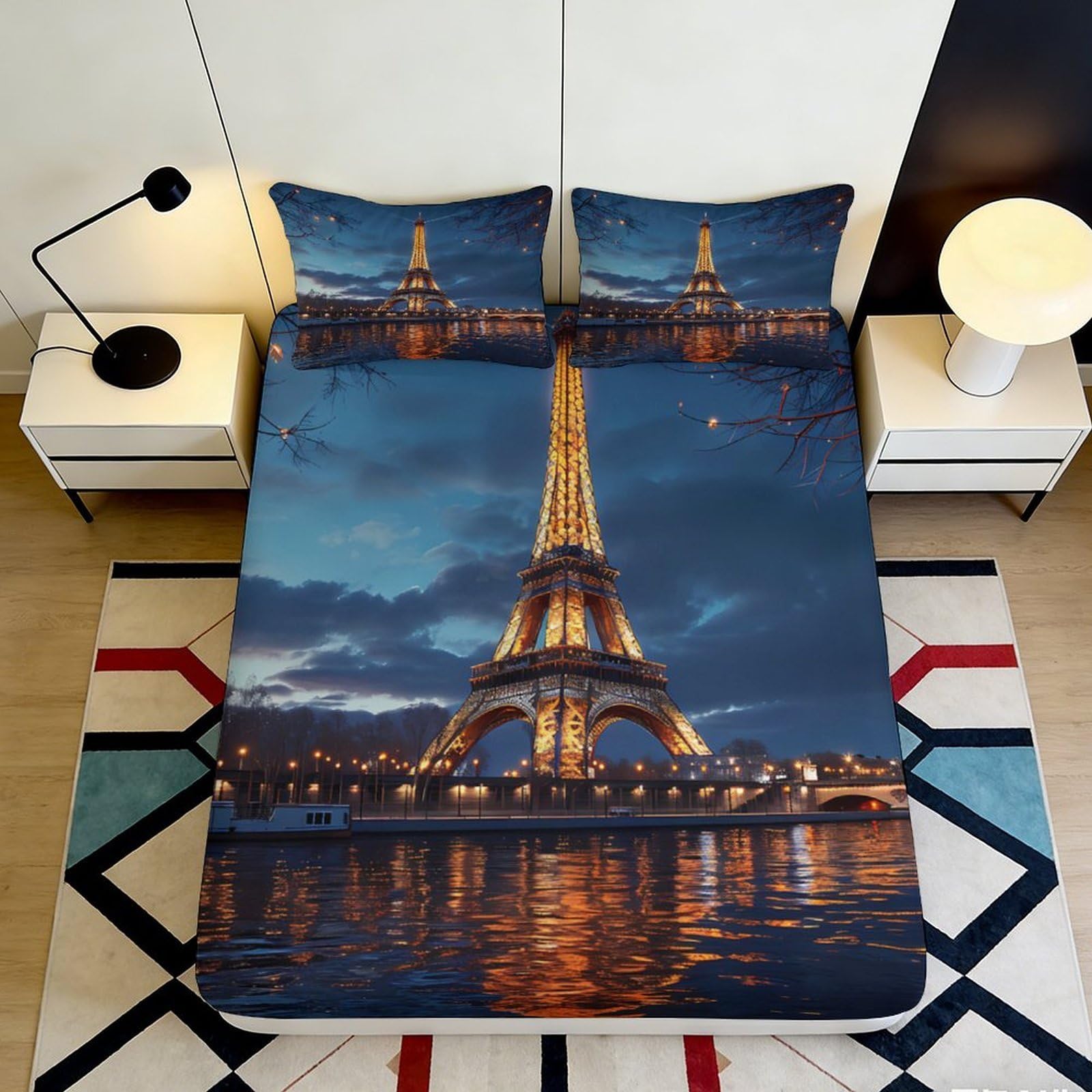 3D Printed Eiffel Tower Night View Fitted Sheet Microfiber Soft Anti-Slip Paris River Bed Cover for Bedroom Decor 90x200x25cm
