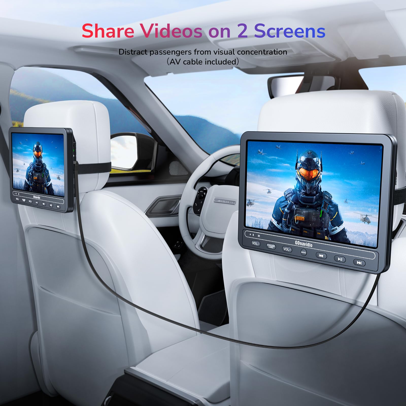 GOnavidio Lettore DVD portatile da 10,1 pollici per auto con ingresso HDMI, batteria da 5 ore, 2 cuffie, doppio lettore DVD per sedile posteriore, supporto USB/scheda TF, ultima memoria, riproduzione
