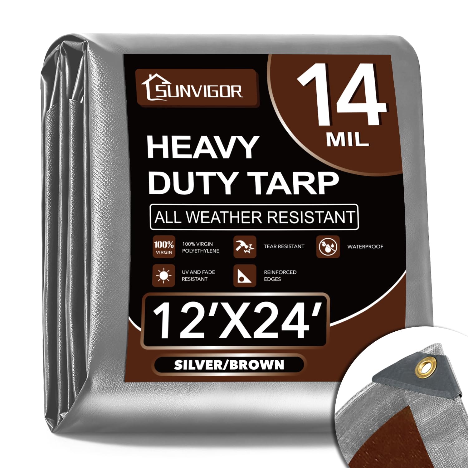 Photo 1 of Sunvigor Tarp Waterproof 12x24Ft, Extra Thick 14 Mil Heavy Duty Tarp Cover, Tear & Fade Resistant, Outdoor Tarps with Brass Grommets and Reinforced Edges for Roof, Camping, Patio, Boat (Silver/Brown)