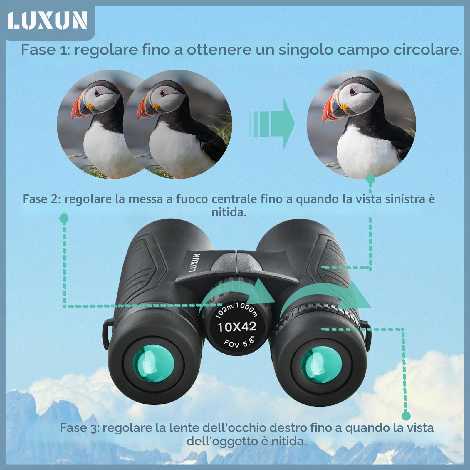 LUXUN Binocolo 10 x 42 per adulti, binocolo HD per caccia, birdwatching e escursioni, safari, obiettivo FMC con adattatore per cellulare