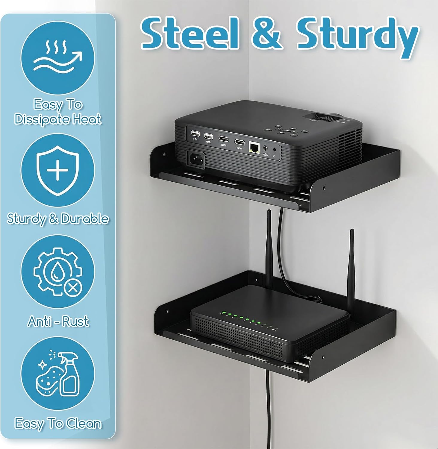 2 Pcs Metal Floating Shelf 12" x 8" Heavy Duty Wall Mounted Shelf | Metal Floating Shelf Deep Display Shelf for TV Components Router Game Console DVD Player Cable Box with Cable Management