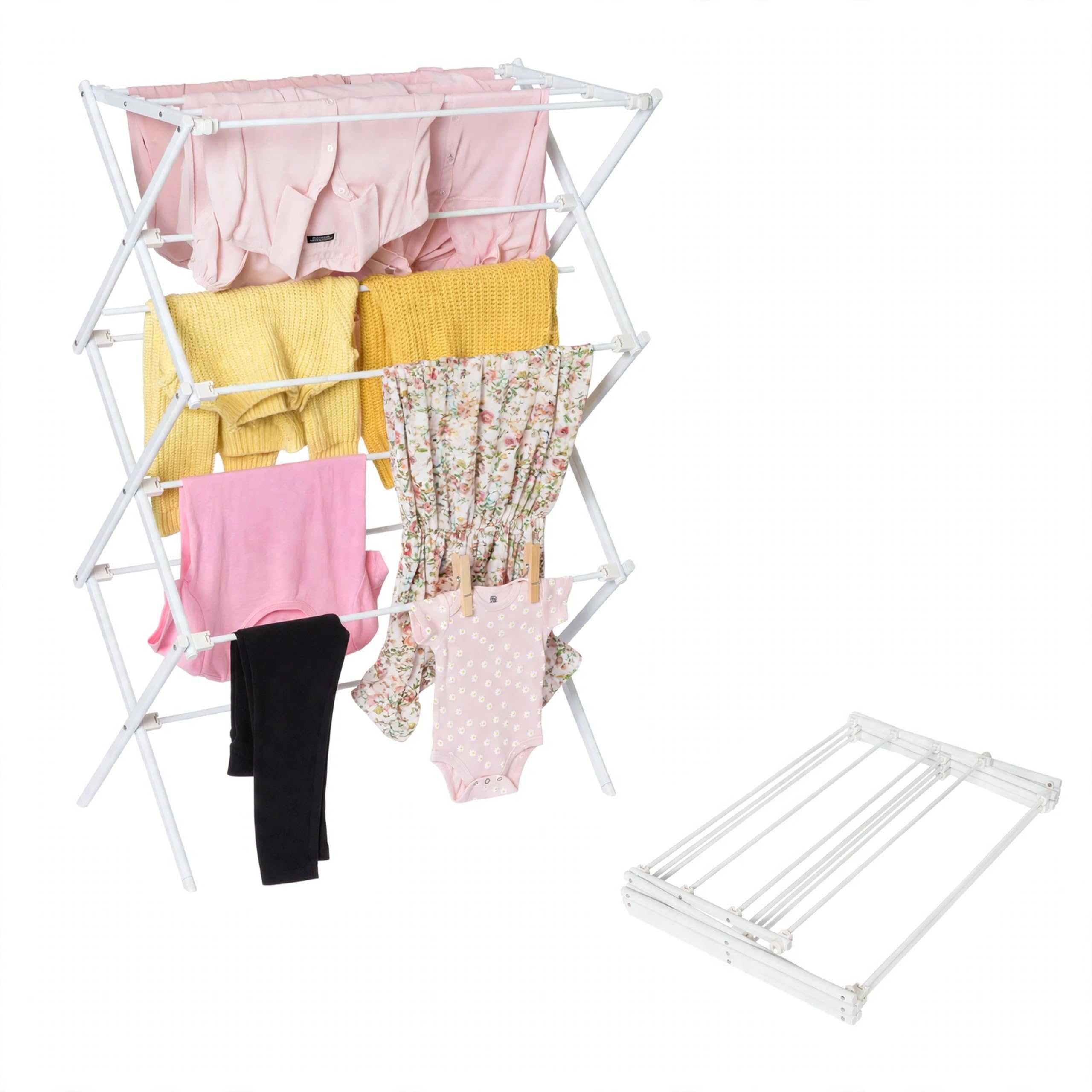 Honey-Can-Do 6-Tier Collapsible Clothes Drying Rack, 30", No Assembly, Grey | Accordion frame opens to 6 tiers with 24 ft of drying space, then folds flat to 3 in. Rust-resistant coated steel.