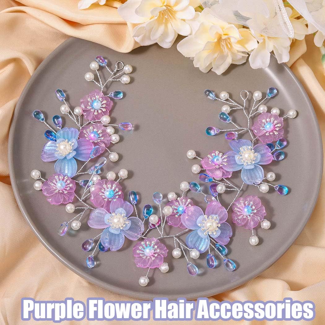 Campsis Flower Girls Headband Purple Floral Headpiece Pearl Wedding Hair Accessories for Women - Image 4