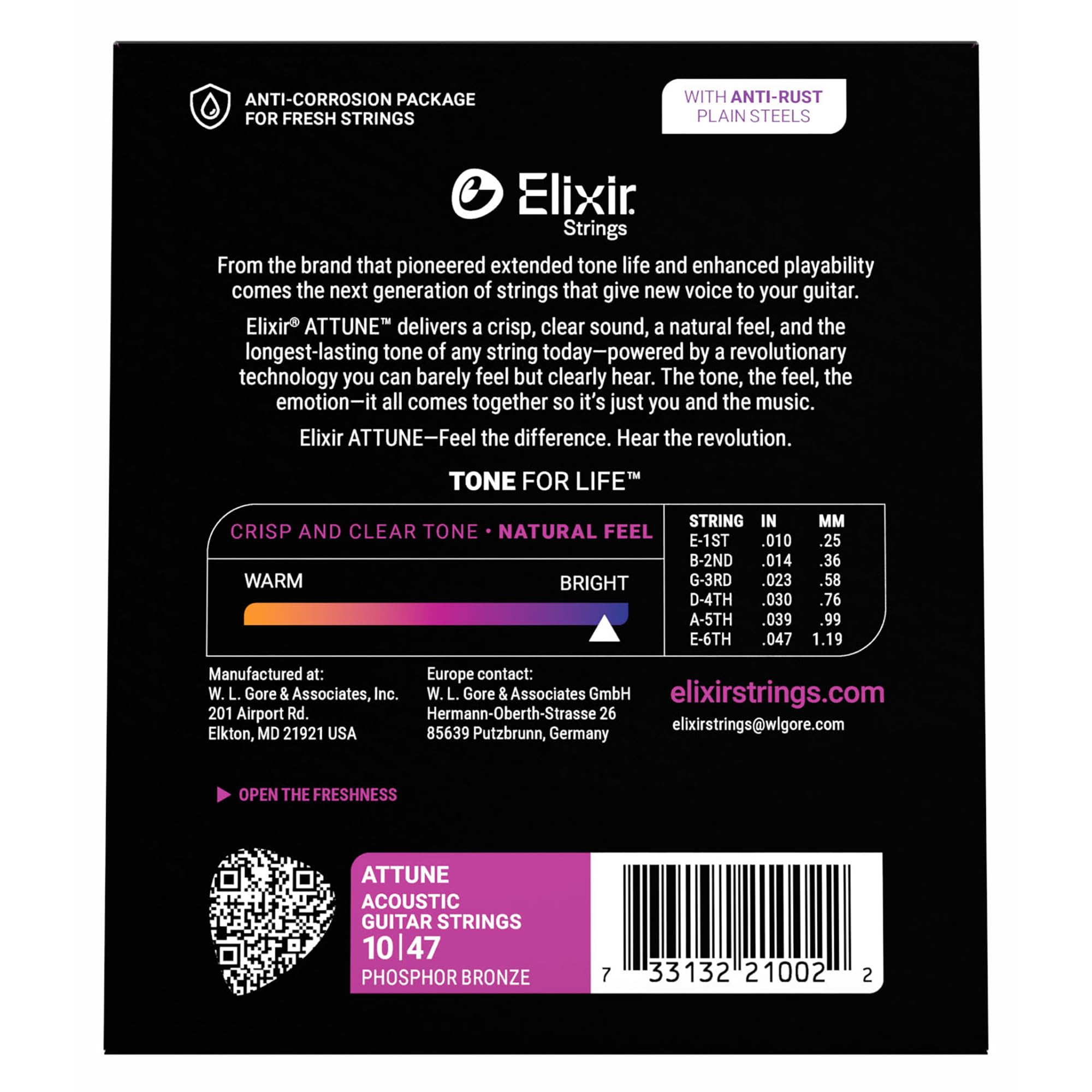 Elixir Strings, cuerdas para guitarra acústica ATTUNE, bronce fosforado, sonido nítido y claro de larga duración con tacto natural, juego de 6 cuerdas, Extra Light, 10-47