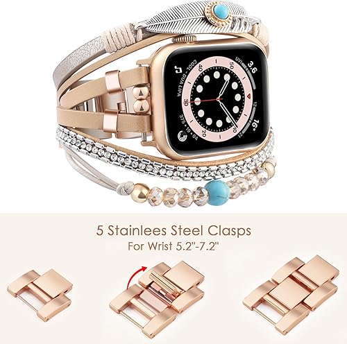 Vista 45 de VISOOM Beaded Boho Bracelet Compatible for Apple Watch Band 40mm/38mm/41mm/42mm iWatch Series 10 9 8 7 SE 6/5/4 Women Leather Fashion Cute Handmade