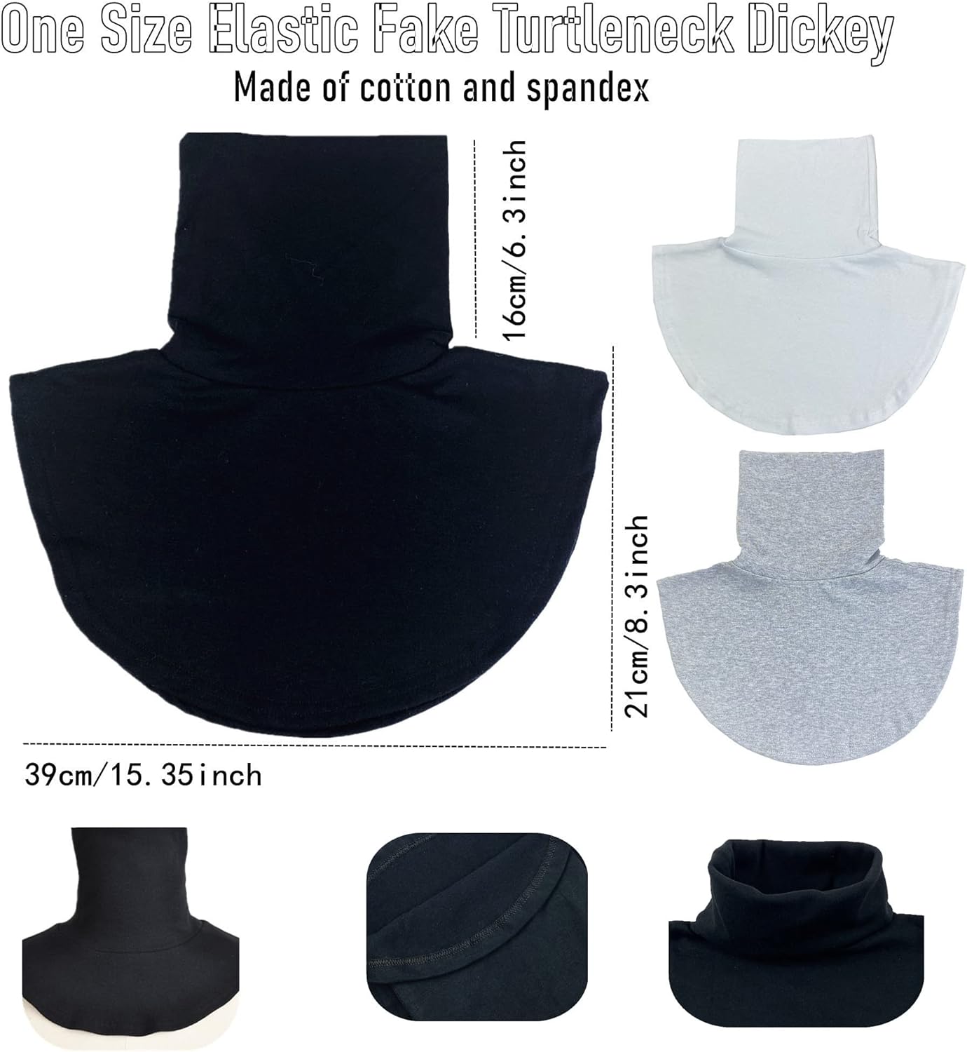 BESTERY REDODECO 3pcs Womens Mock Half Top Collar Neck Dickey False Fake Turtleneck (Black+White+Gray), 39 cm/15.6 inch(stretch elastic) - Image 2