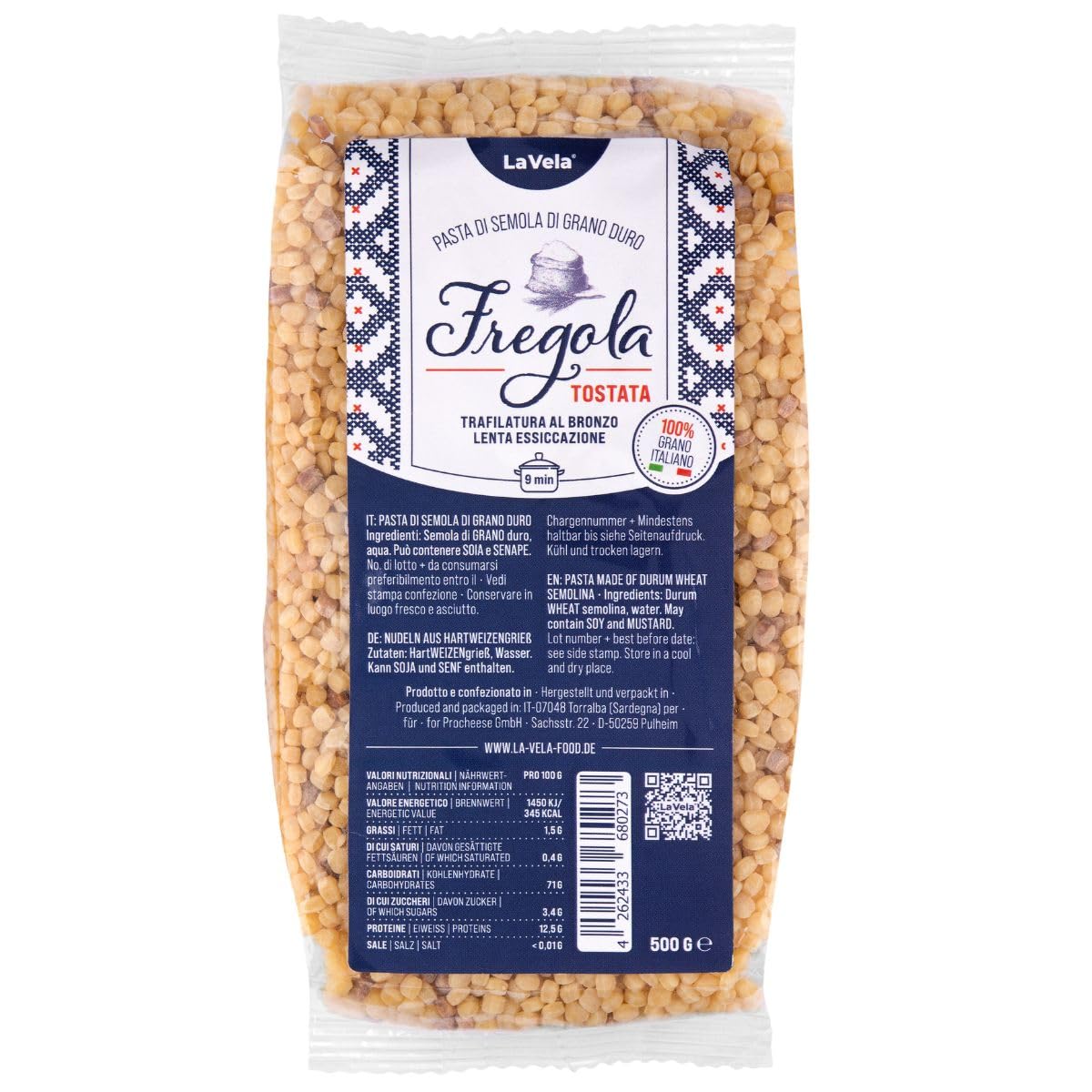 La Vela Fregola Tostata – Trafilatura al Bronzo, 500g, Traditionelle Nudel-Spezialität, hergestellt in Sardinien, aromatische Kugelpasta für sardische Küche, Muschelgerichte & Pasta‑Risotto