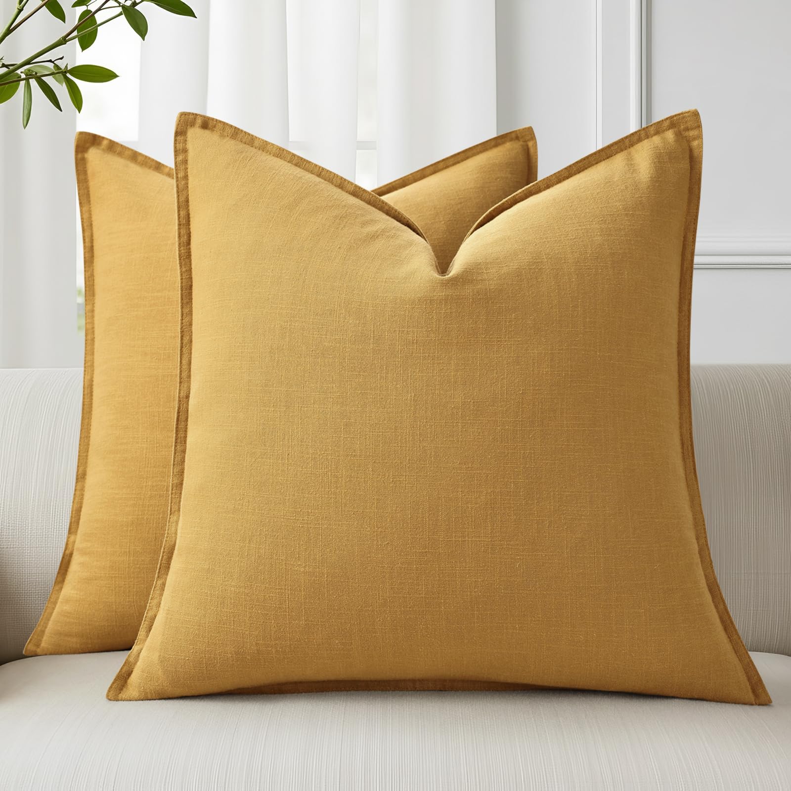 decorUhome Fall Mustard Yellow Linen Throw Pillow Covers 16x16 Set of 2