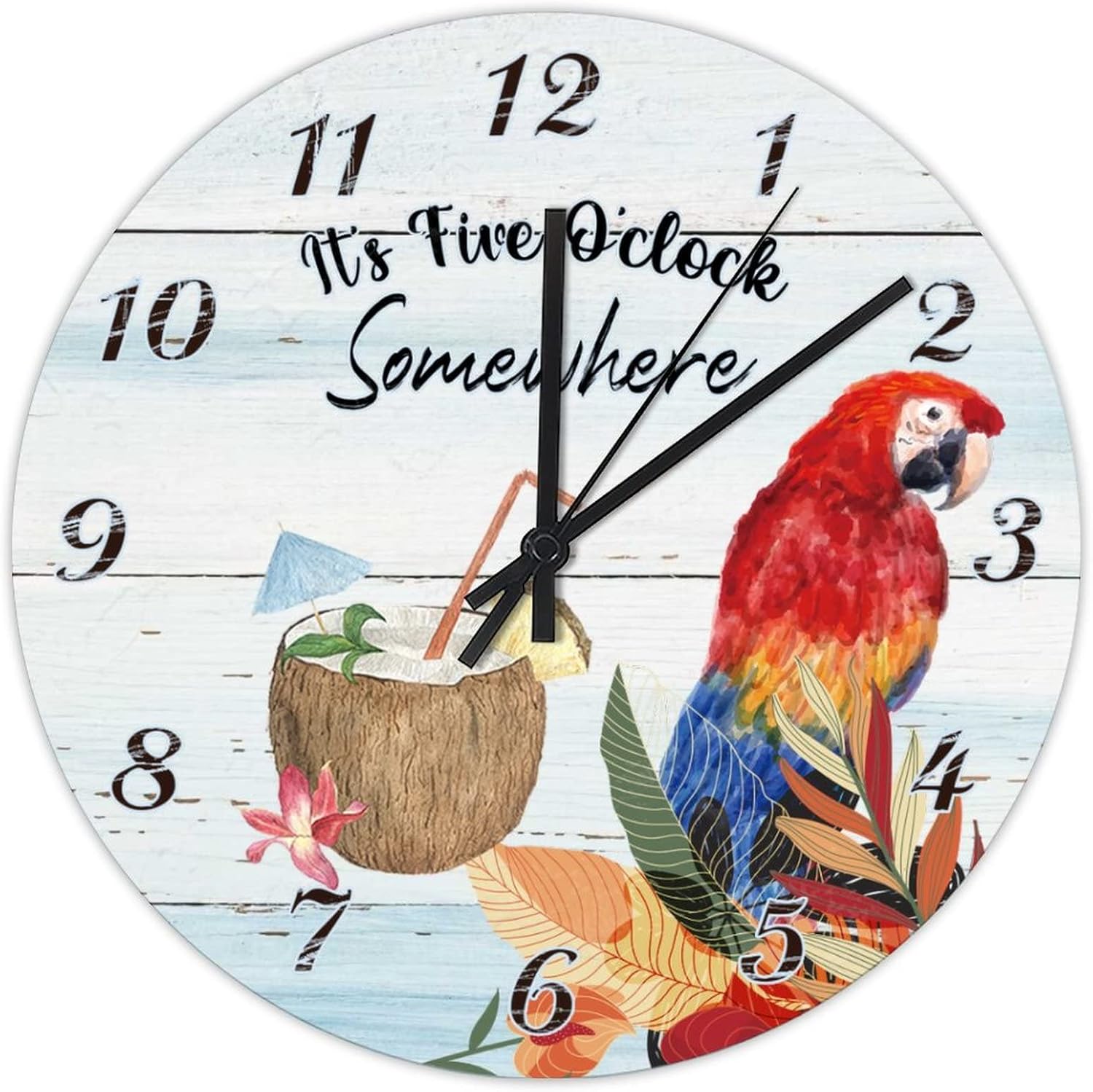 It's 5 O'Clock Somewhere Parrot Wooden Wall Clock 12 Inch Tropical Beach Humor Desk Clock Silent & Non-Ticking Round Clock for Farmhouse Home Decoration