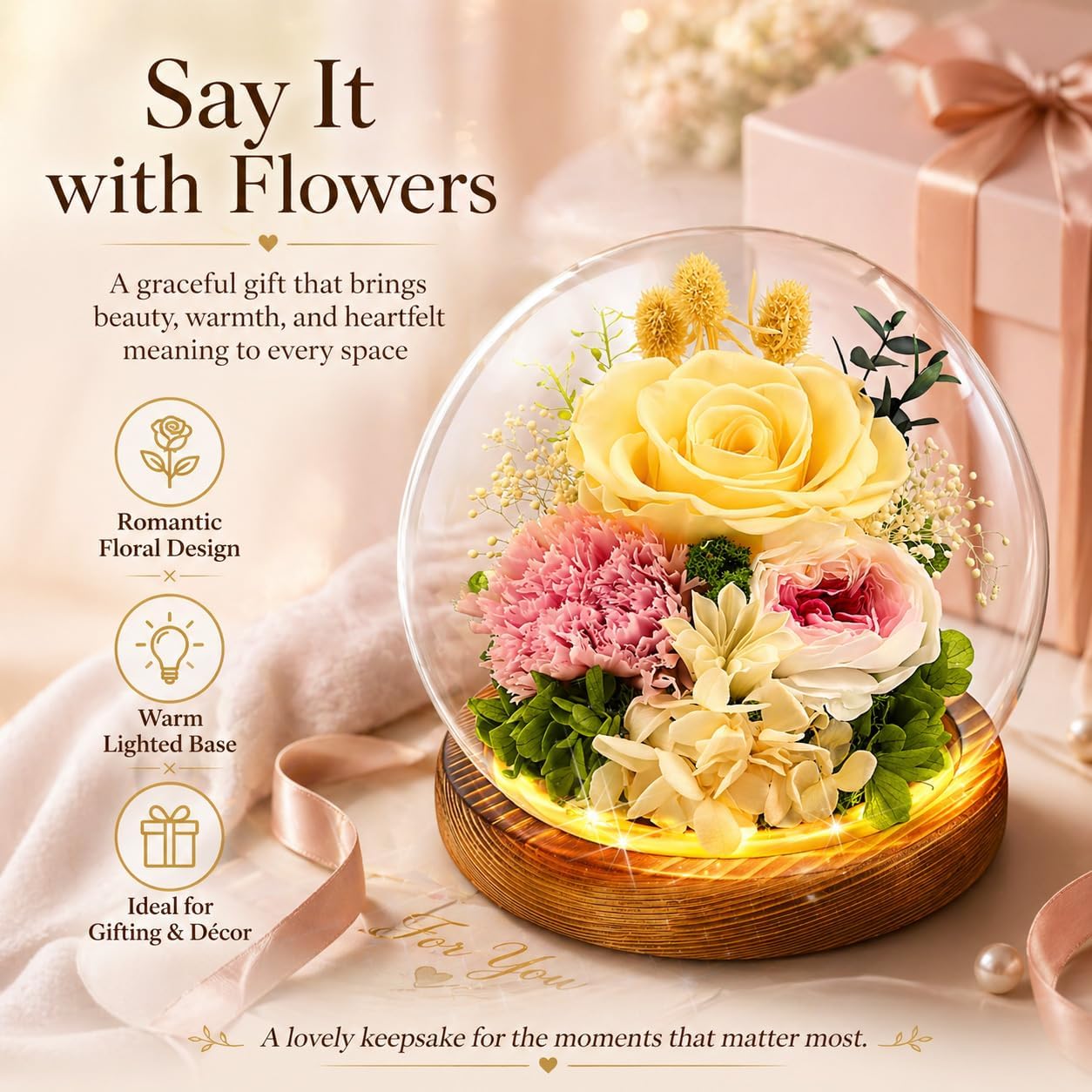 MOKOQI Yellow Rose Birthday Gifts for Women | Mothers Day Gifts for Mom Grandma - Preserved Real Rose in Glass Dome with LED Strip | Fresh Flowers for Delivery on Birthday